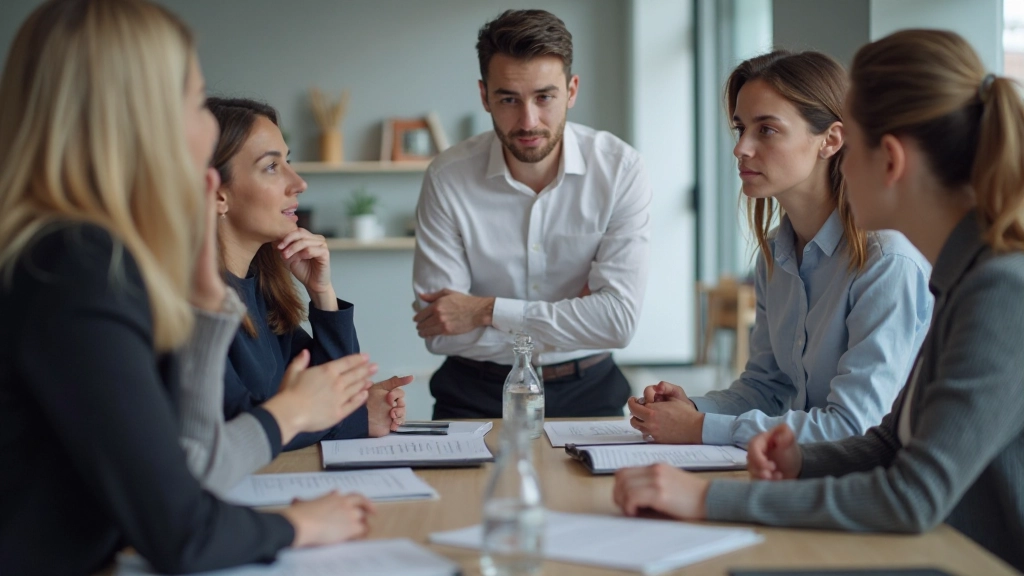 Professionele Engelse trainingsessie met zakelijke deelnemers in discussie