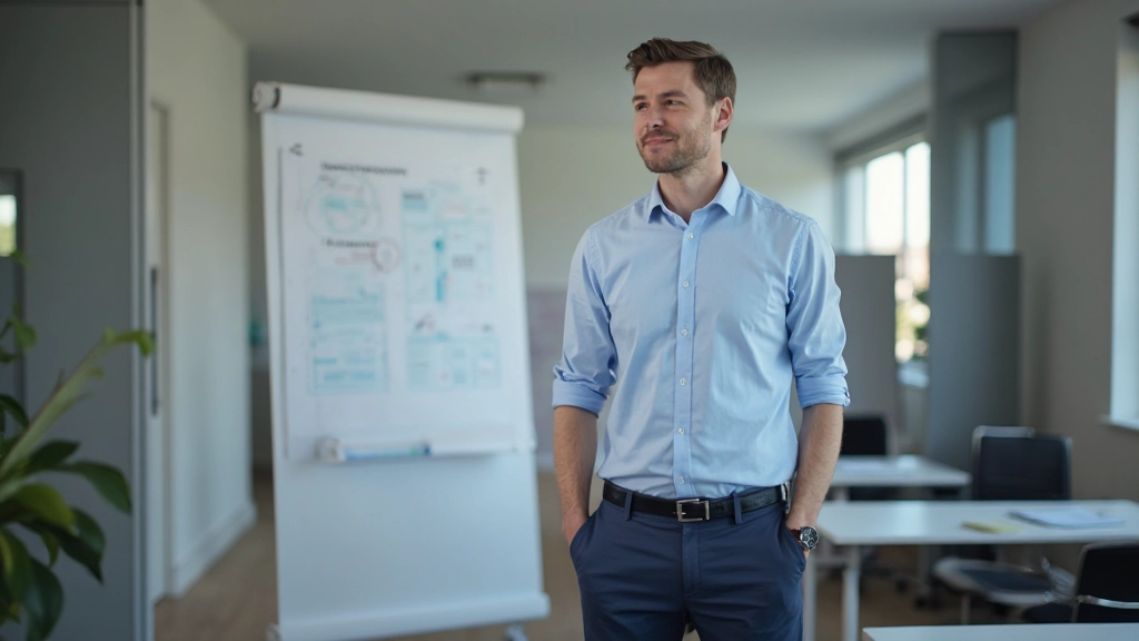 Professional man aged 38 in business casual attire pointing at technical documentation during presentation