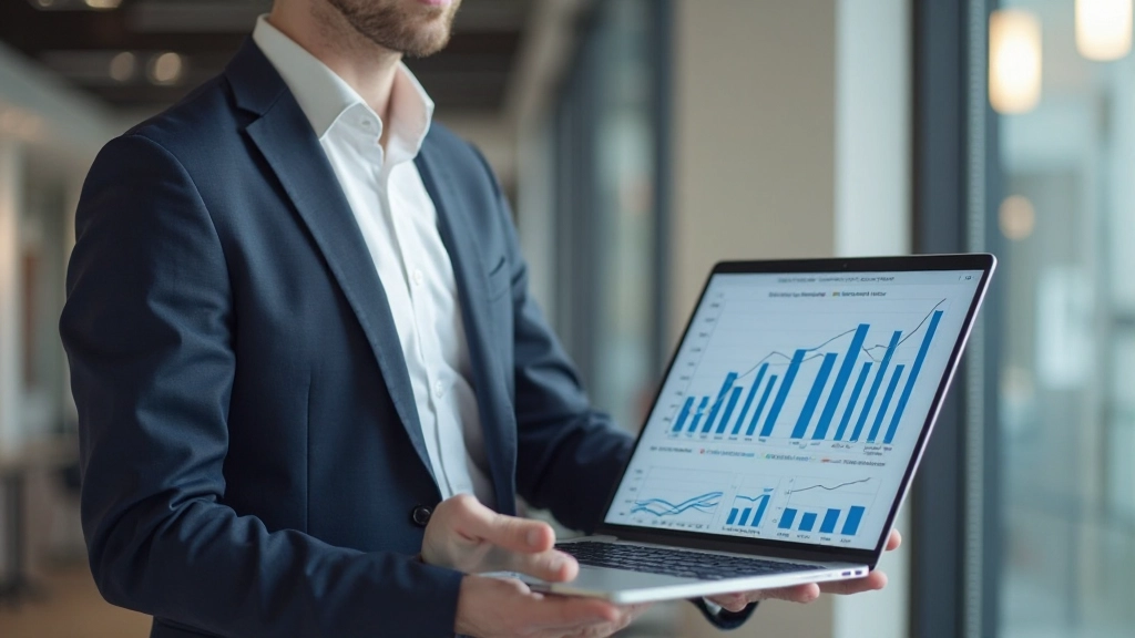 Professional man in business suit presenting data analysis on laptop during office presentation