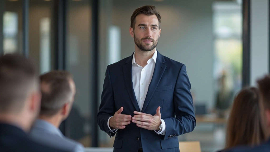 Professional consultant presenting business strategy to executive team in conference room