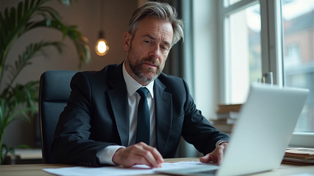 Professional man aged 40 in formal attire studying technical materials at desk with multiple documents