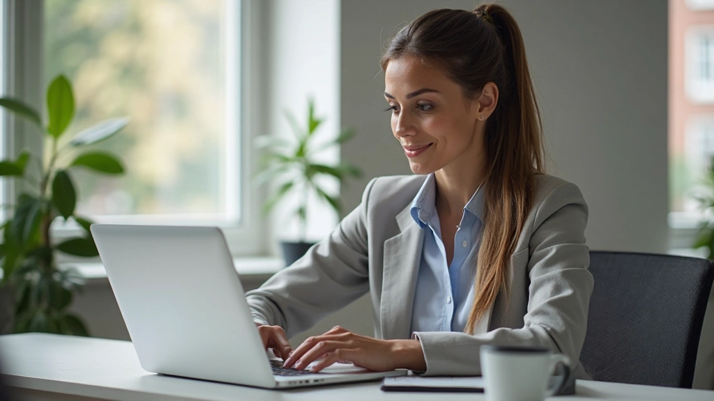 Jonge professionele vrouw studerend met laptop aan modern bureau