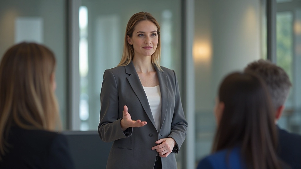 Young professional woman confidently presenting business strategy to engaged team in conference room