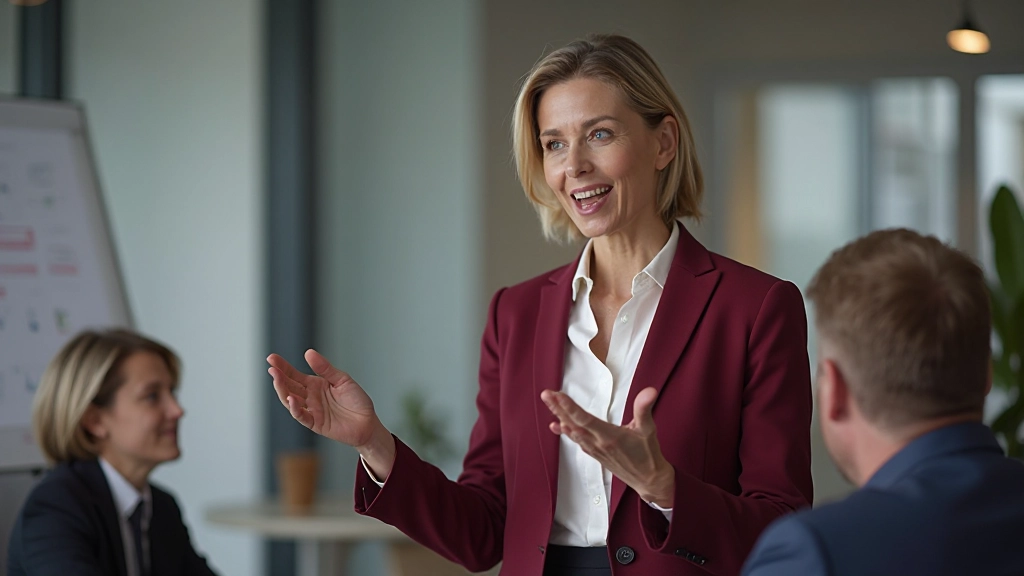 Professional woman aged 32 in business attire confidently presenting technical concepts to team