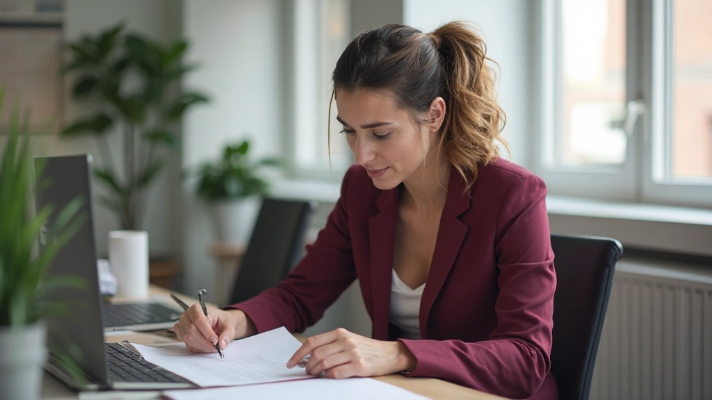 Female business executive working at desk with laptop and documents in corporate office