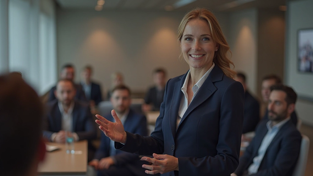 Female executive delivering presentation with confident body language to engaged corporate audience