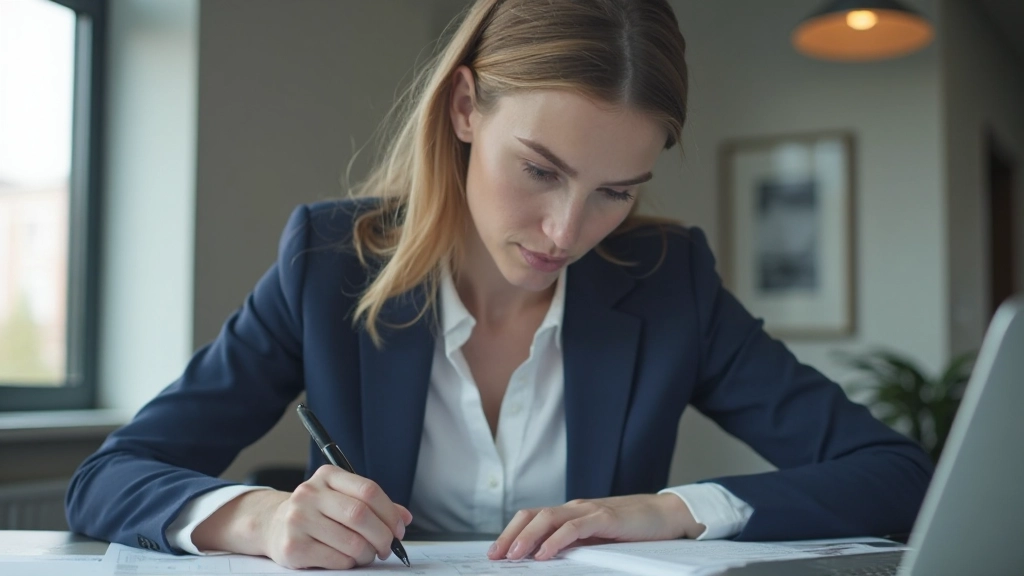 Professional woman in business attire reviewing technical documentation at modern workspace
